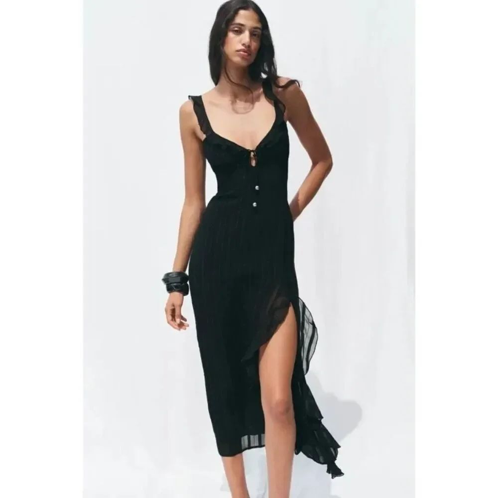 Zara Womens Dress M Black Pinstripe Midi Ruffle Lingerie Open Back 3550/999 NWT